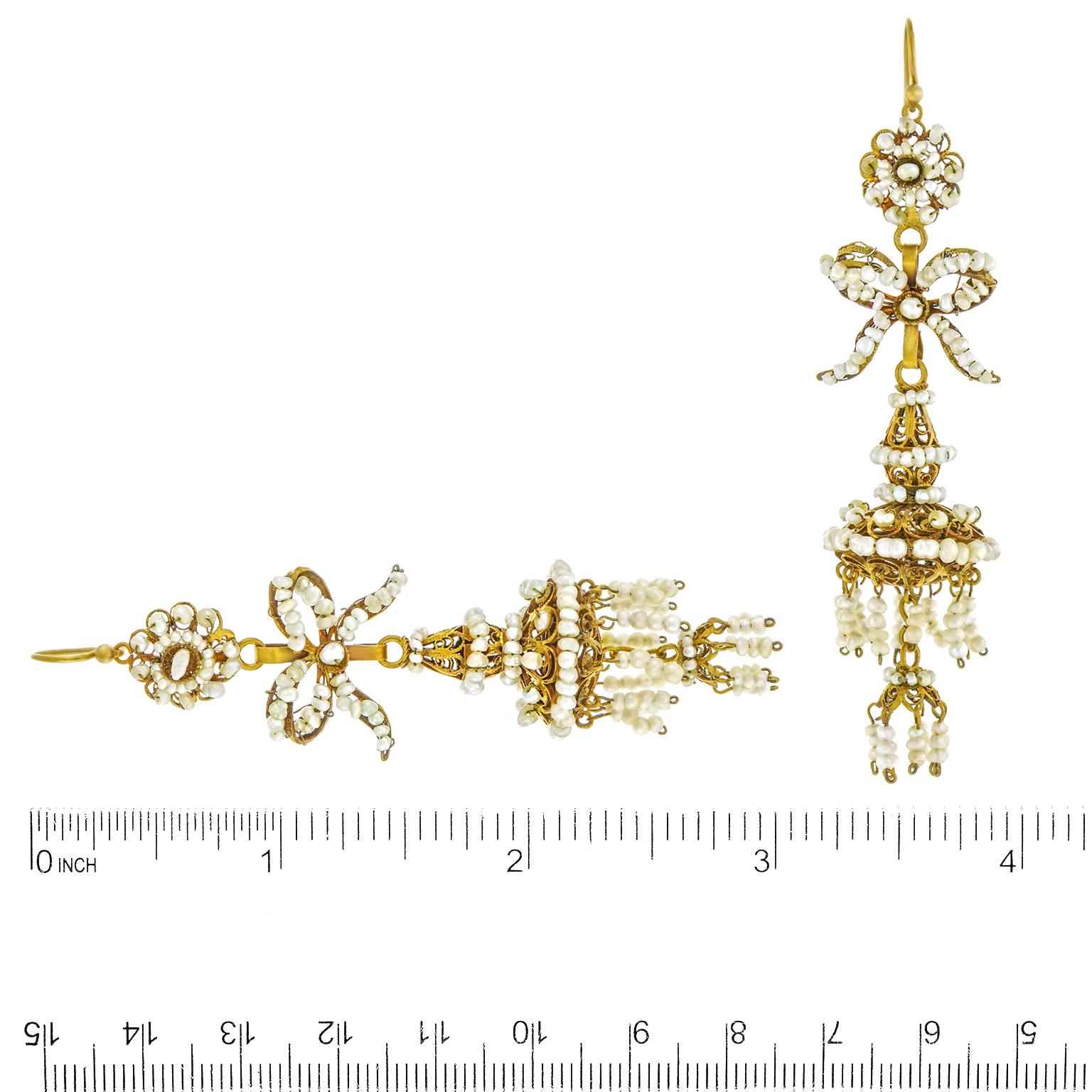 Women's or Men's Antique Pearl Chandelier Earrings circa 1870s Iberian For Sale