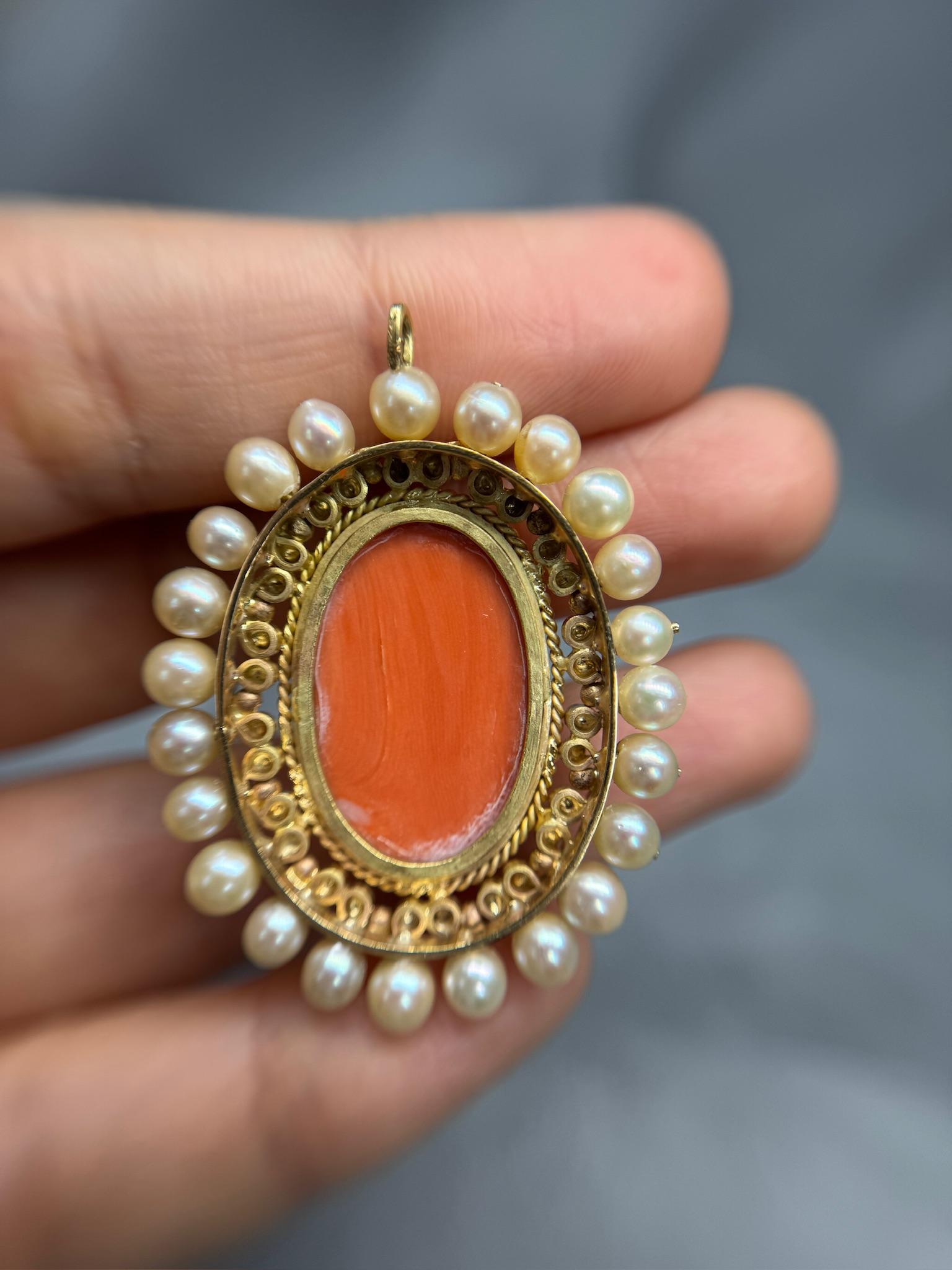 Oval Cut Antique Pearl & Coral Pendant 18k Yellow Gold For Sale