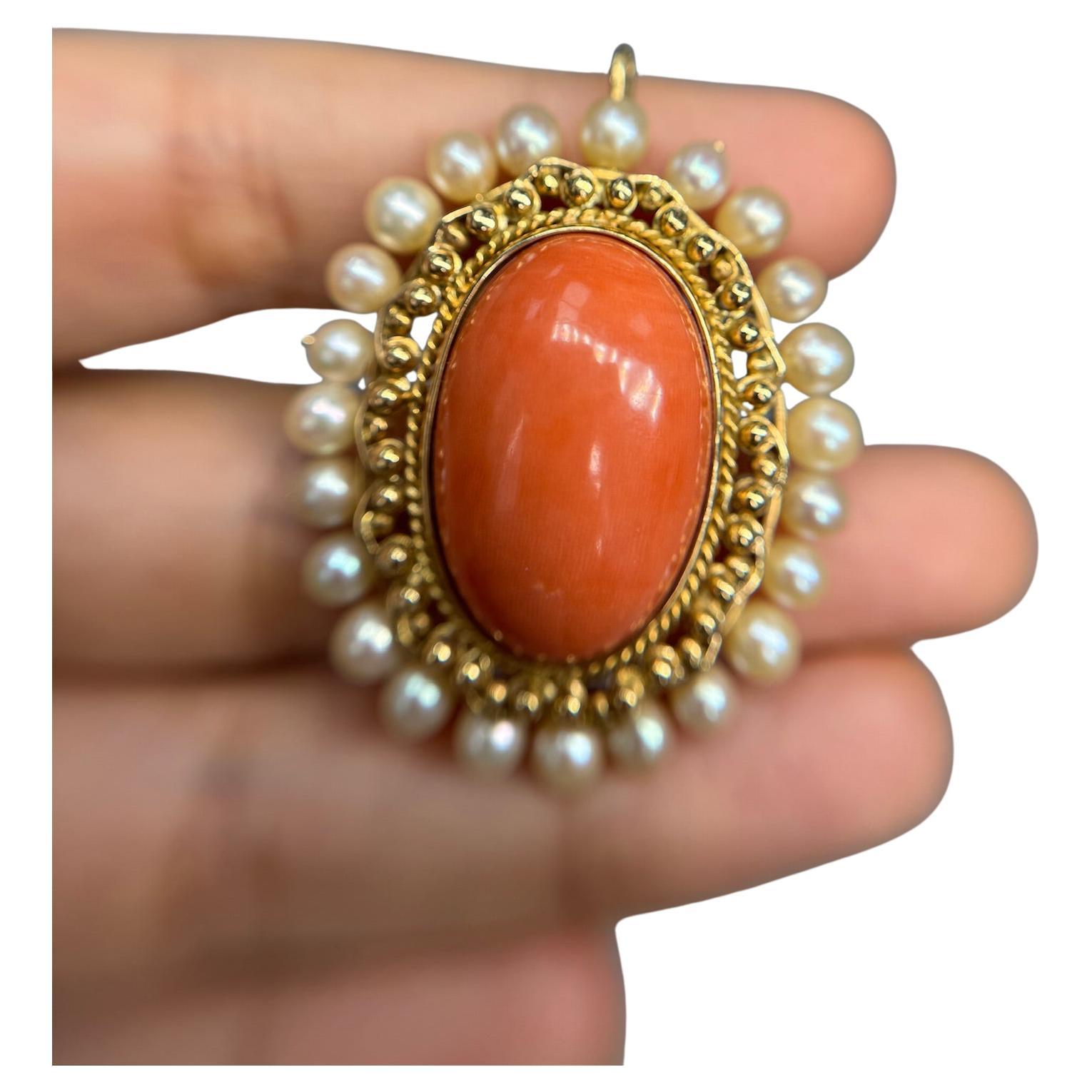 Antique Pearl & Coral Pendant 18k Yellow Gold
