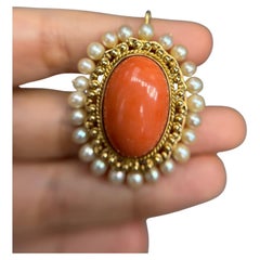 Antique Pearl & Coral Pendant 18k Yellow Gold