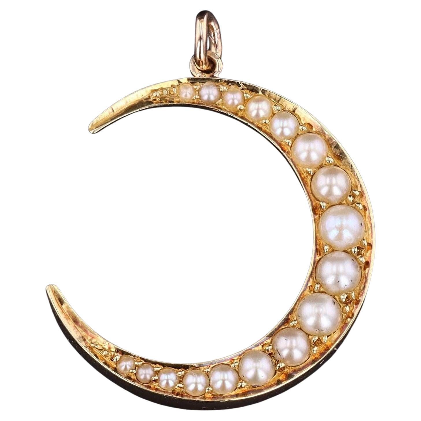 Antique Pearl Crescent Pendant of 14k Gold For Sale