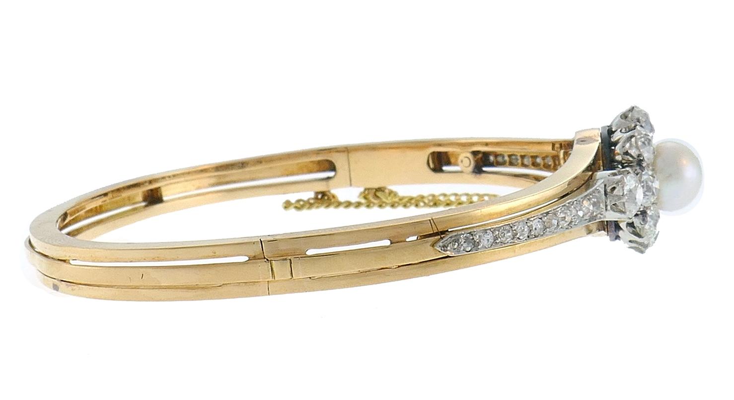 Art déco Bracelet jonc ancien en or 18 carats avec perles et diamants de style édouardien victorien français