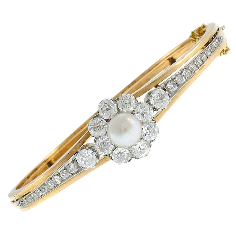 Bracelet jonc ancien en or 18 carats avec perles et diamants de style édouardien victorien français