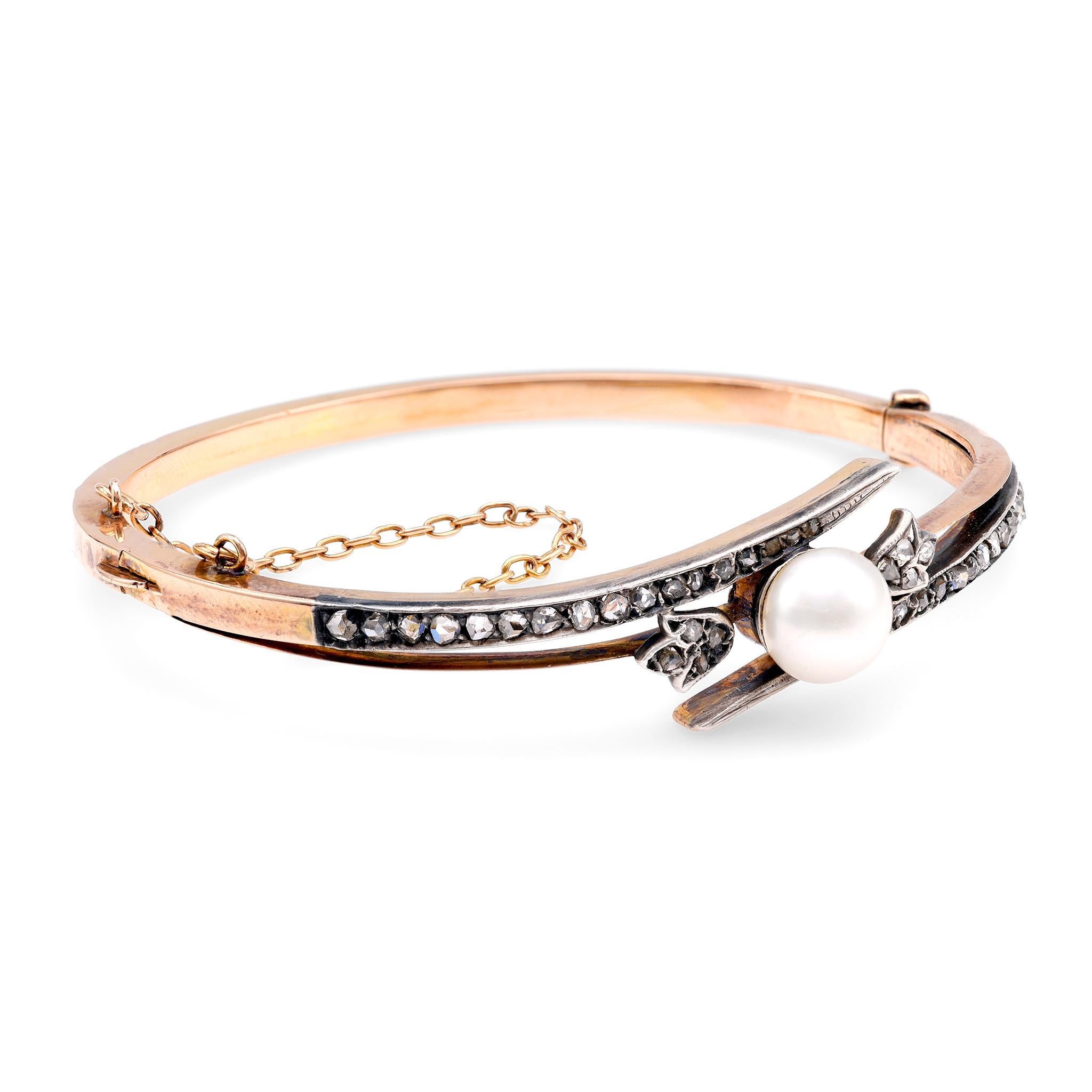 Round Cut Antique Pearl Diamond 18K Rose Gold Silver Bangle For Sale