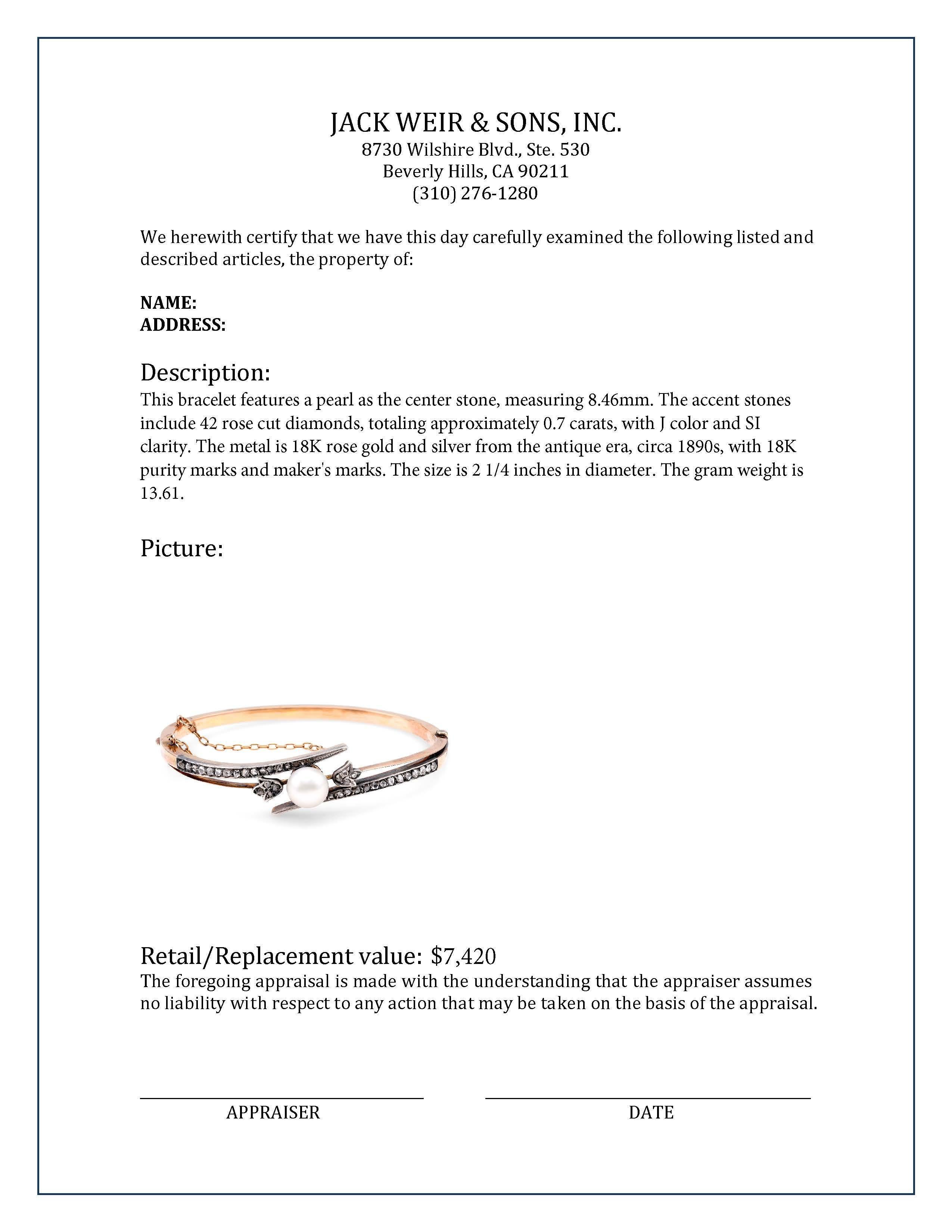 Antique Pearl Diamond 18K Rose Gold Silver Bangle In Excellent Condition For Sale In Beverly Hills, CA