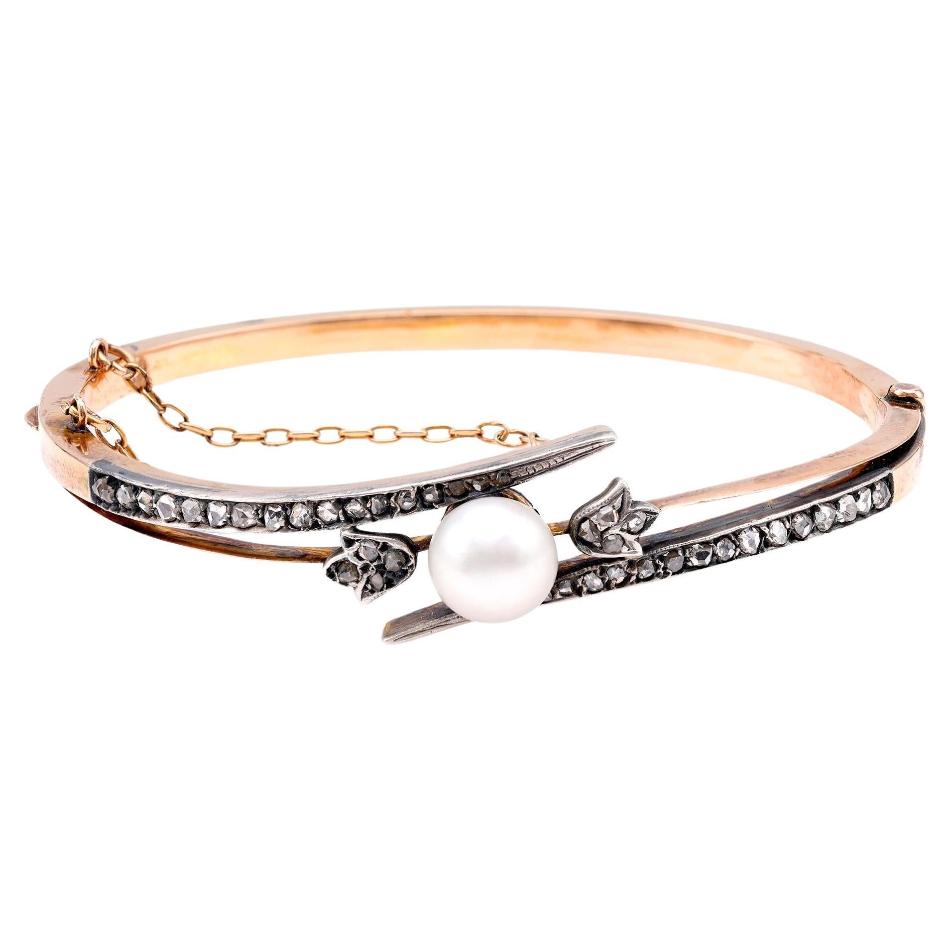 Antique Pearl Diamond 18K Rose Gold Silver Bangle