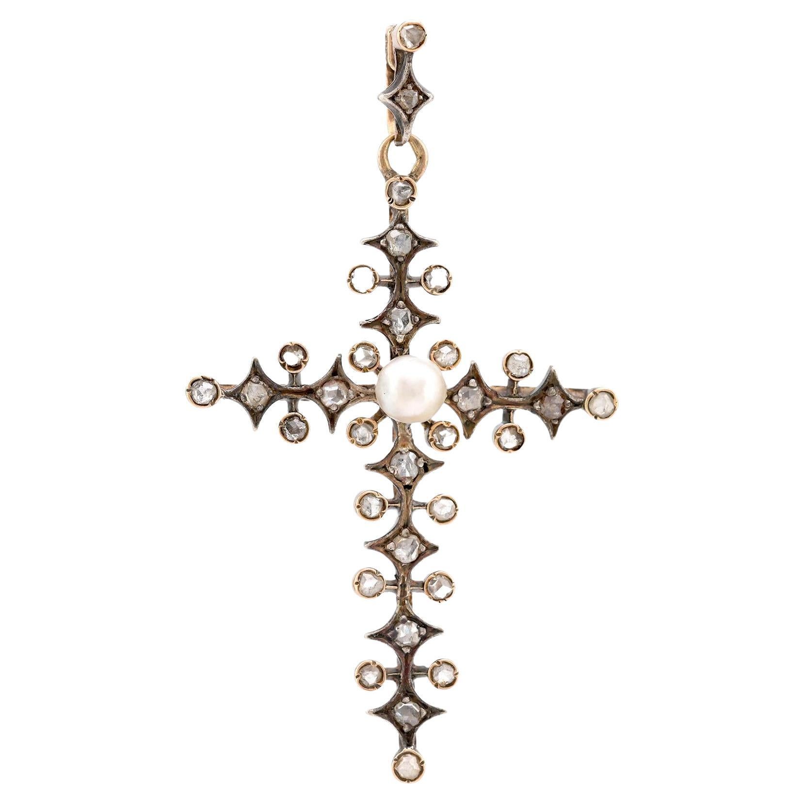 Colgante Cruz Antiguo Perla Diamante Oro Amarillo 18K Plata