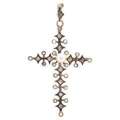 Antique Pearl Diamond 18K Yellow Gold Silver Cross Pendant