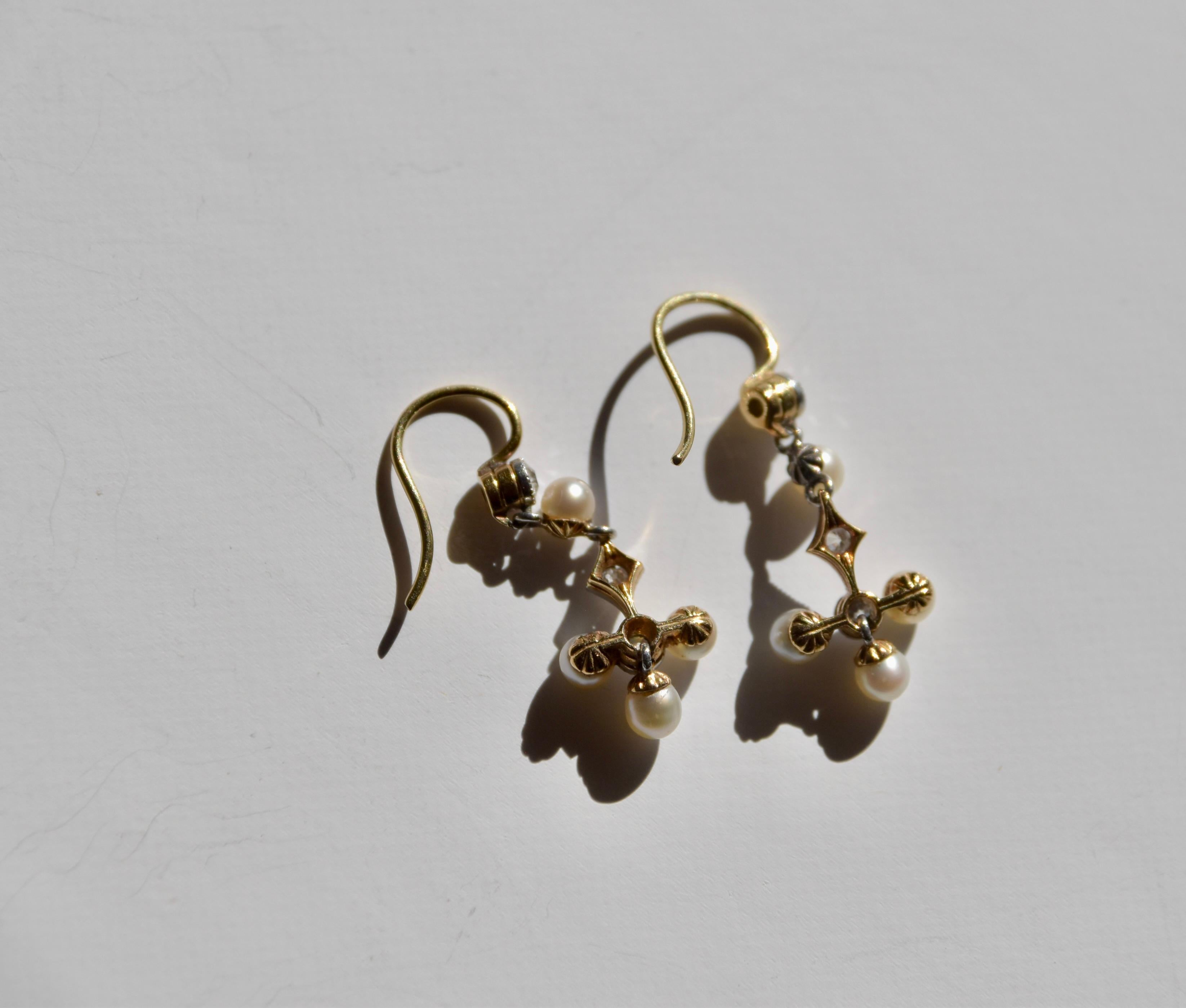 Women's or Men's Antique Pearl, Diamond and Gold Cross Dangle Earrings For Sale