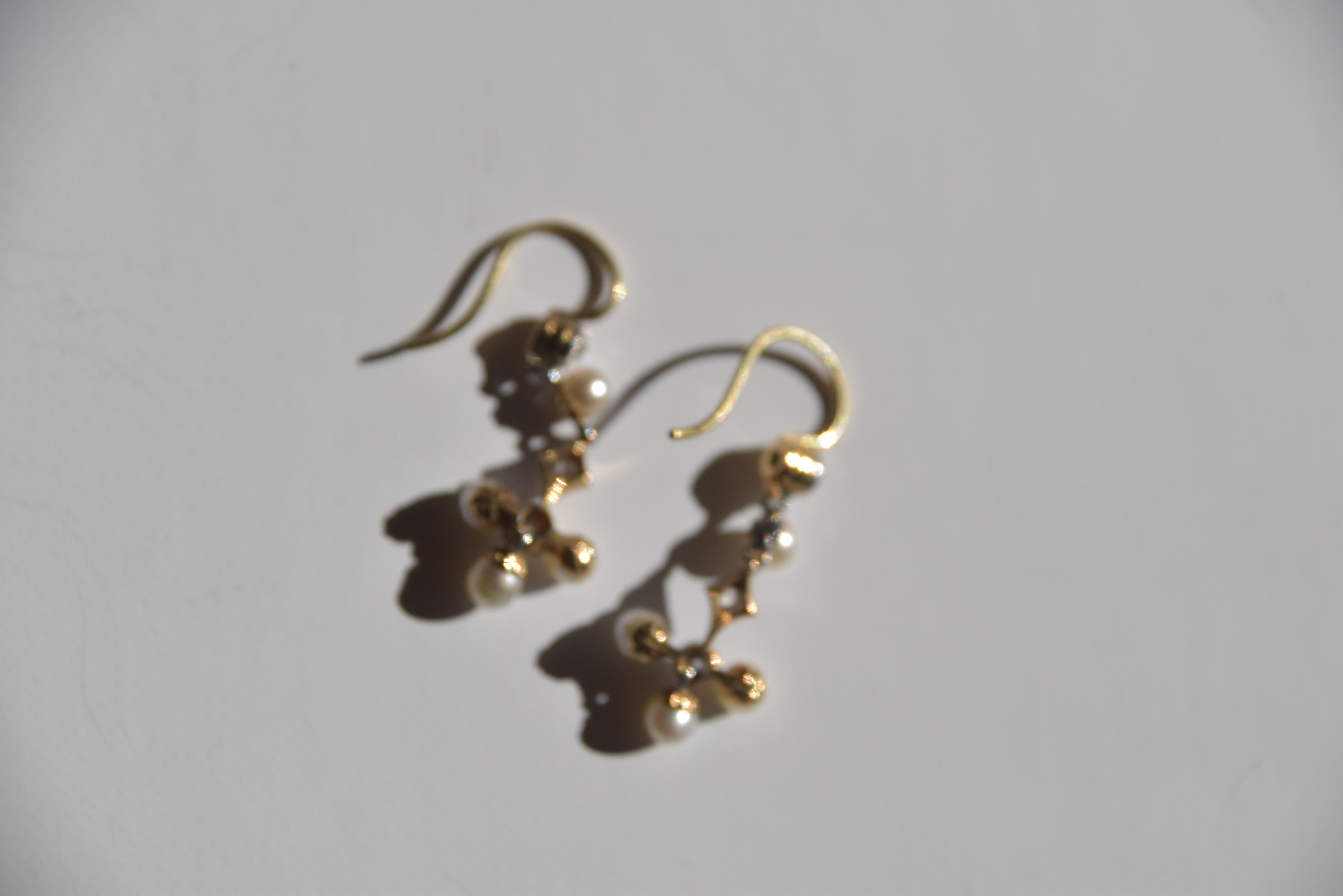 Antique Pearl, Diamond and Gold Cross Dangle Earrings For Sale 1