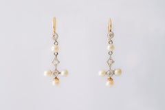 Antique Pearl, Diamond and Gold Cross Dangle Earrings