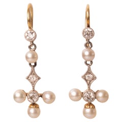 Antique Pearl, Diamond and Gold Cross Dangle Earrings