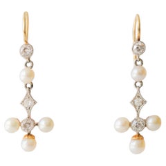 Antique Pearl, Diamond and Gold Cross Dangle Earrings