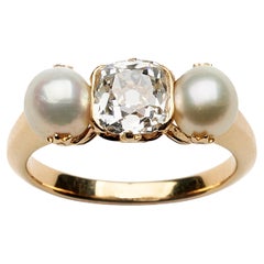 Antique Pearl, Diamond and Gold Three Stone Ring