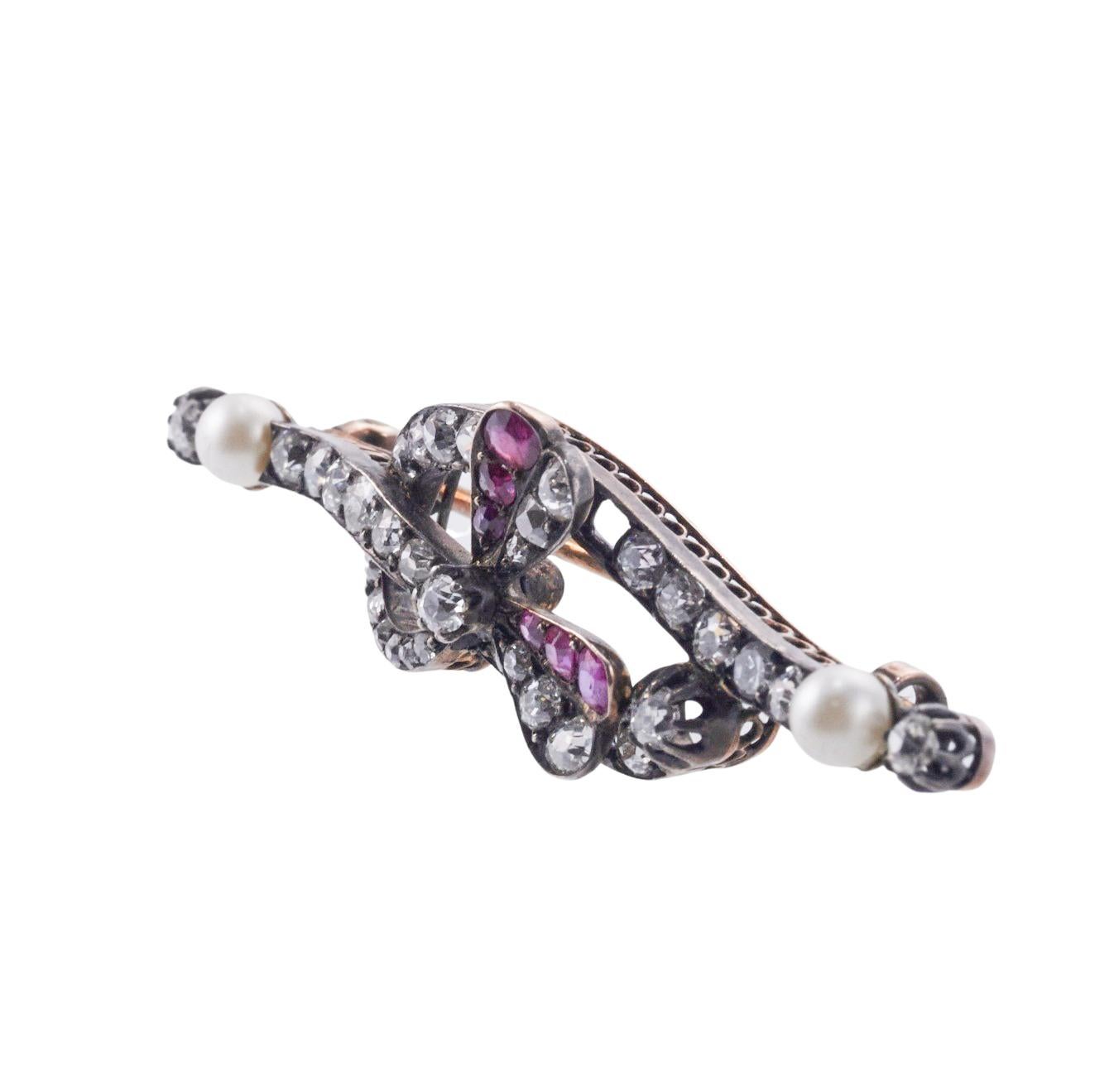 Old Mine Cut Antique Pearl Diamond and Ruby Gold and Silver Brooch  For Sale