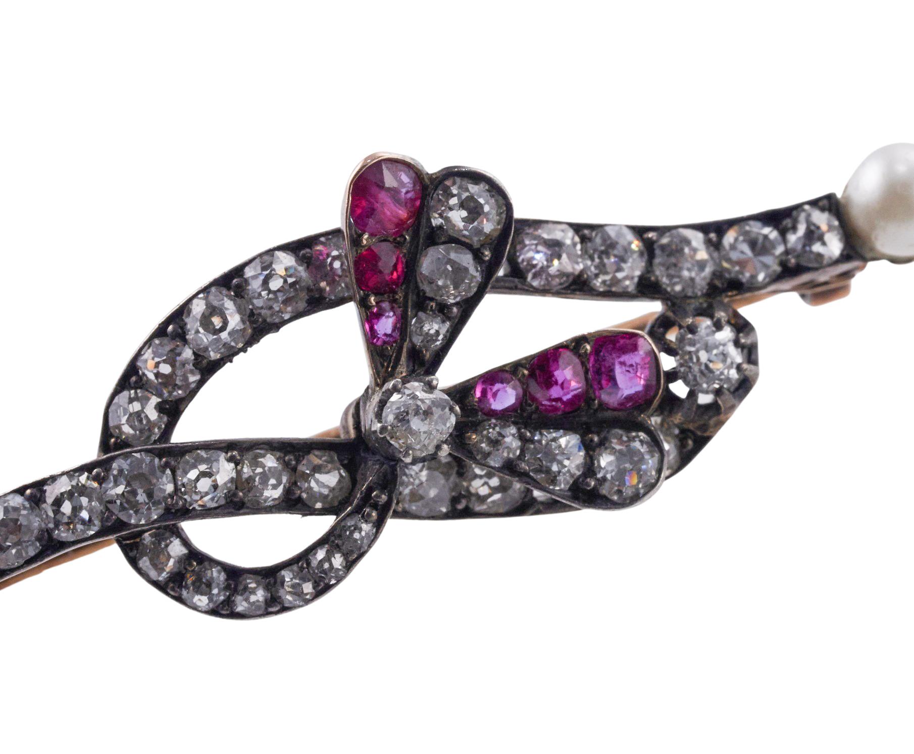 Antique Pearl Diamond and Ruby Gold and Silver Brooch  For Sale 1