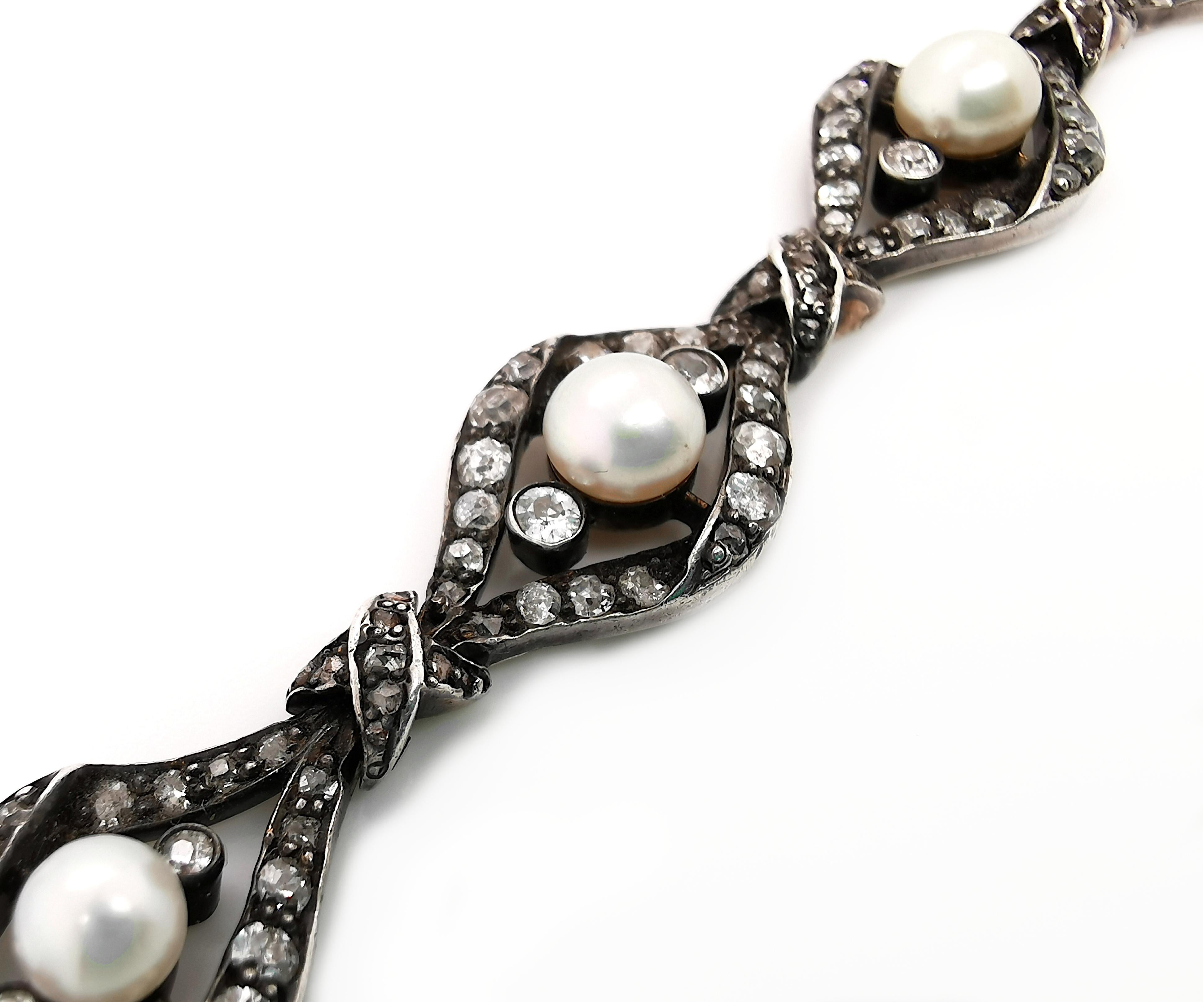 Victorian Antique Pearl, Diamond and Silver Upon Gold Bracelet, circa 1890 For Sale