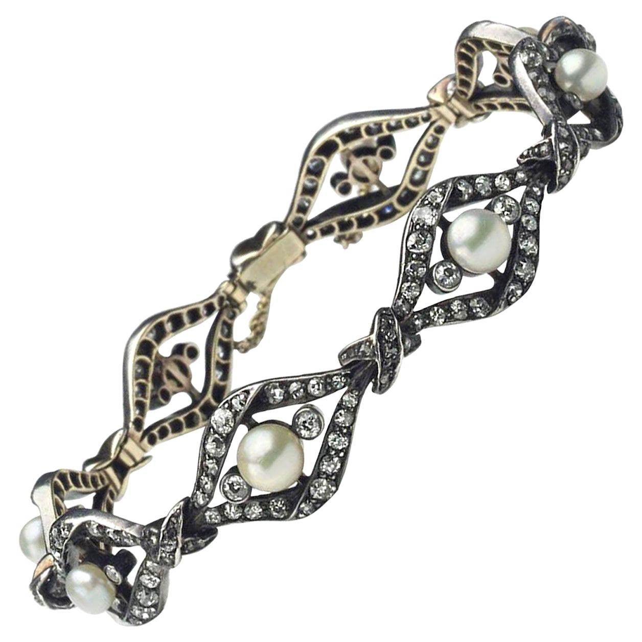 Antique Pearl, Diamond and Silver Upon Gold Bracelet, circa 1890 For Sale