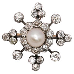 Antica spilla-pendente in perle, diamanti e argento su oro, Circa 1890