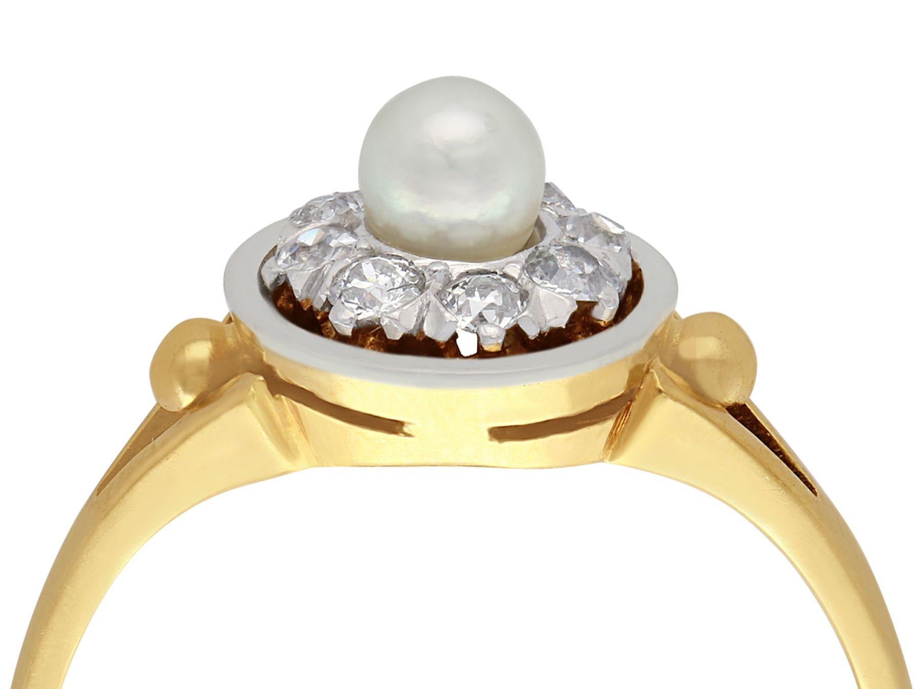 A fine and impressive antique pearl and 0.36 carat diamond, 18 karat yellow gold and 18 karat white gold set dress ring; part of our antique jewelry and estate jewelry collections.

This fine and impressive antique diamond and pearl ring has been