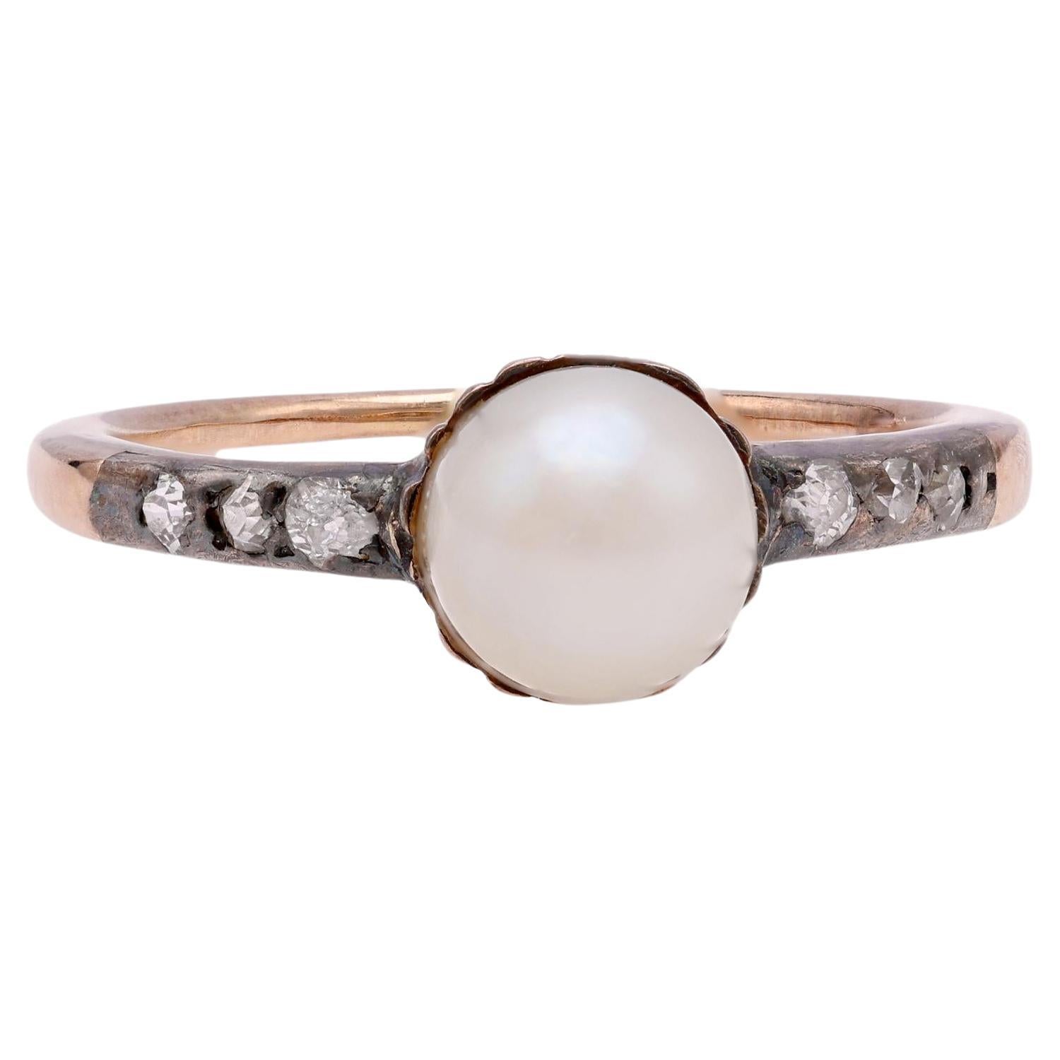 Antique Pearl Diamond Gold Engagement Ring For Sale