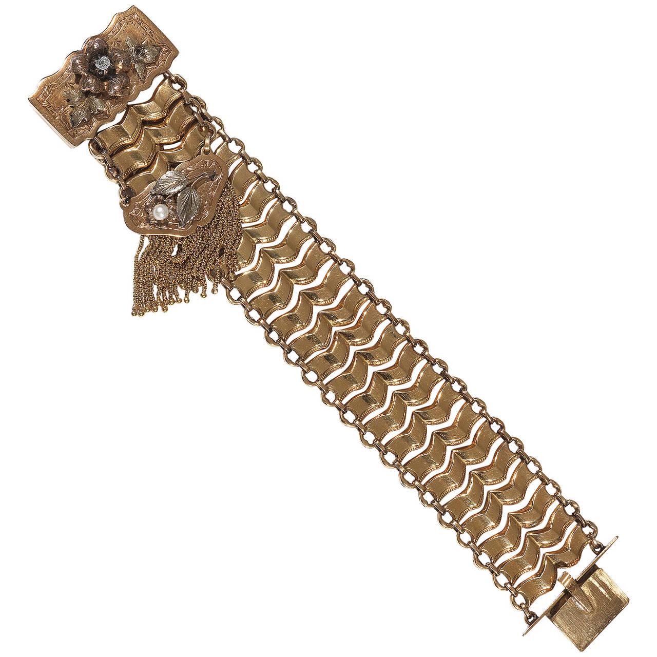 Brilliant Cut Antique Pearl Diamond Gold Tassel Link Bracelet