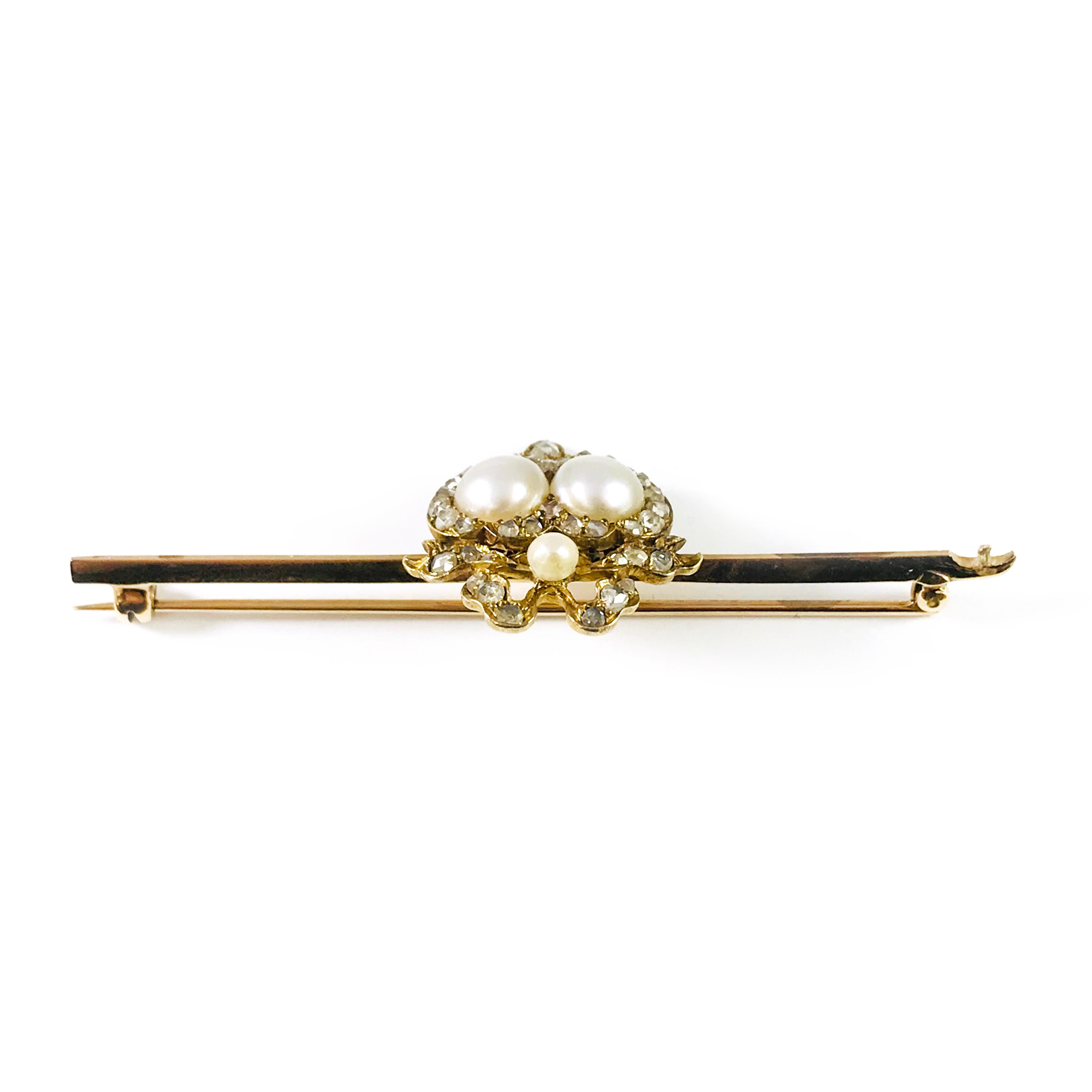 Victorian Antique Yellow Gold Pearl Diamond Pin/Brooch For Sale