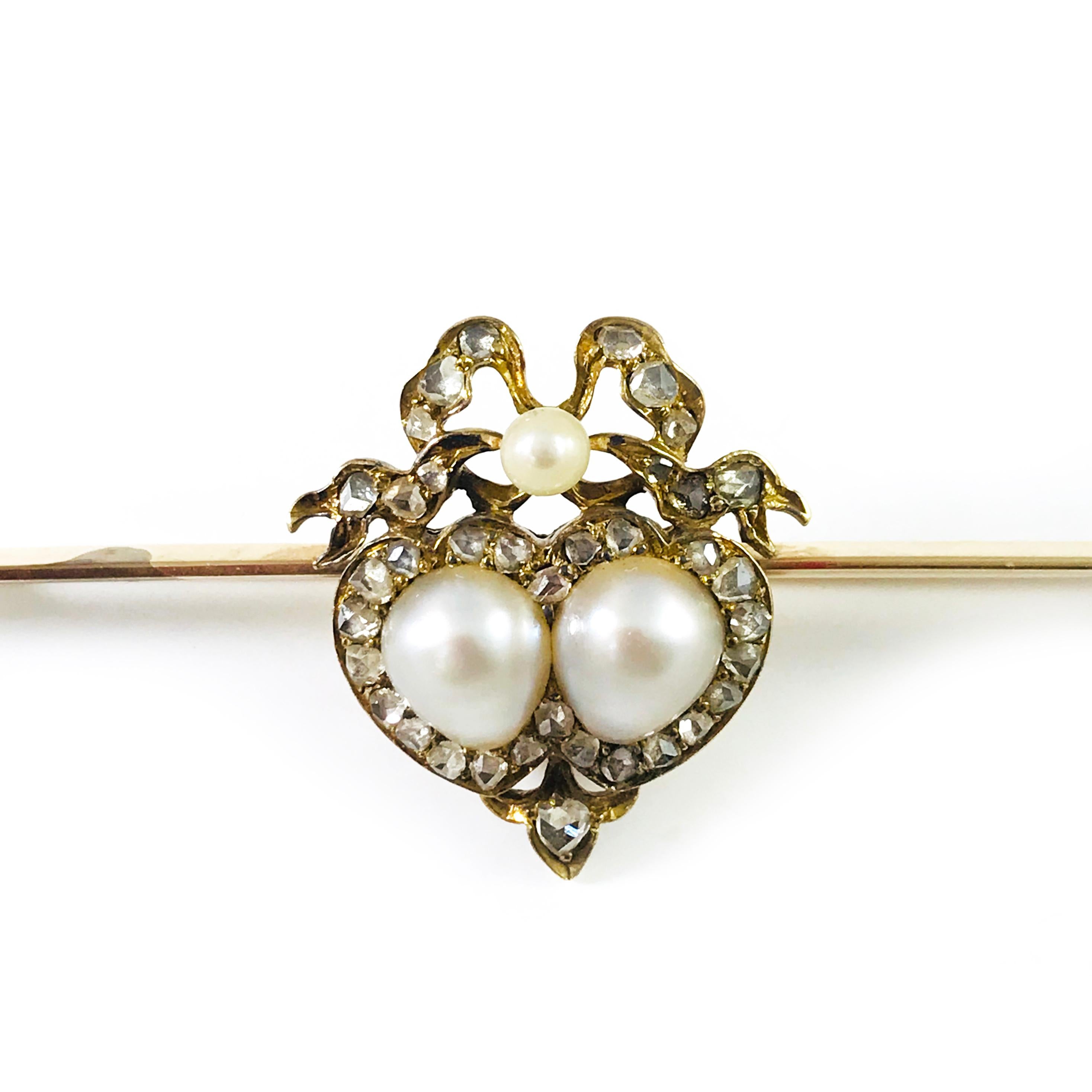 Old Mine Cut Antique Yellow Gold Pearl Diamond Pin/Brooch For Sale