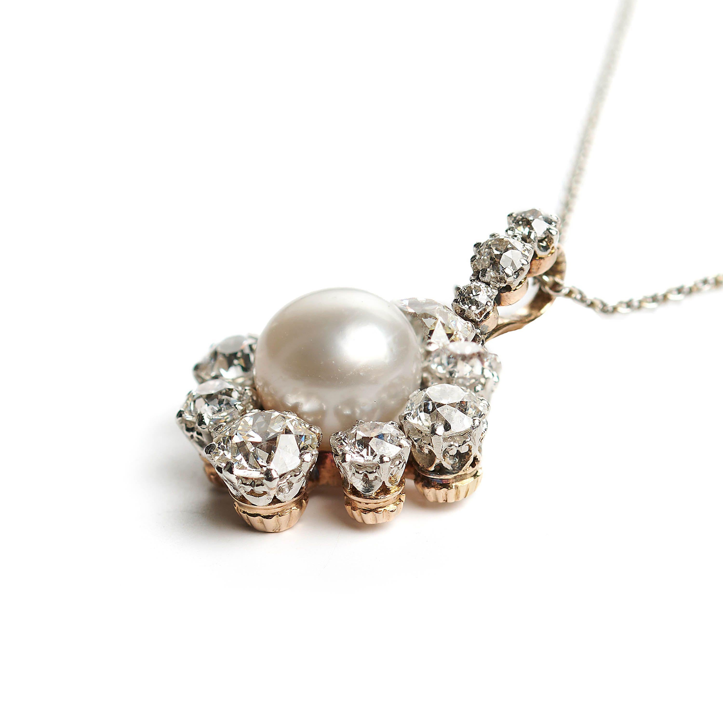 Edwardian Antique Pearl, Diamond, Platinum And Gold Cluster Pendant, Circa 1910 For Sale
