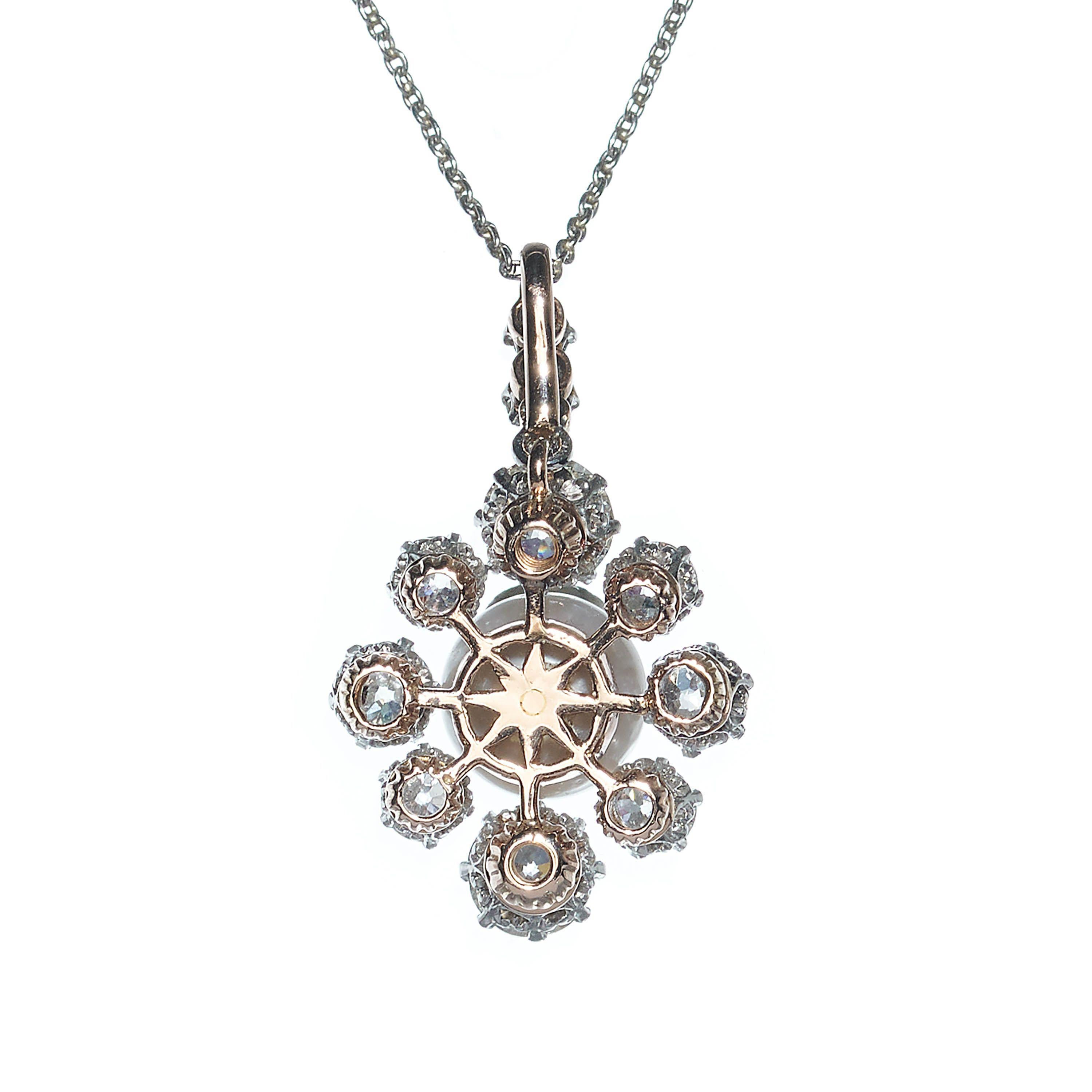 Old Mine Cut Antique Pearl, Diamond, Platinum And Gold Cluster Pendant, Circa 1910 For Sale