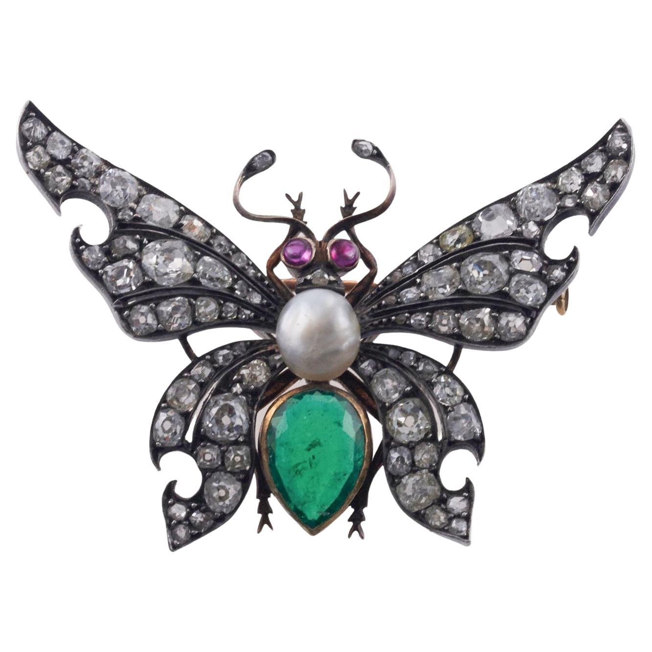 Antike Schmetterlingsbrosche mit Perle, Diamant, Rubin, Smaragd, Gold und Silber 
