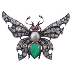 Antique Pearl Diamond Ruby Emerald Gold Silver Butterfly Brooch 