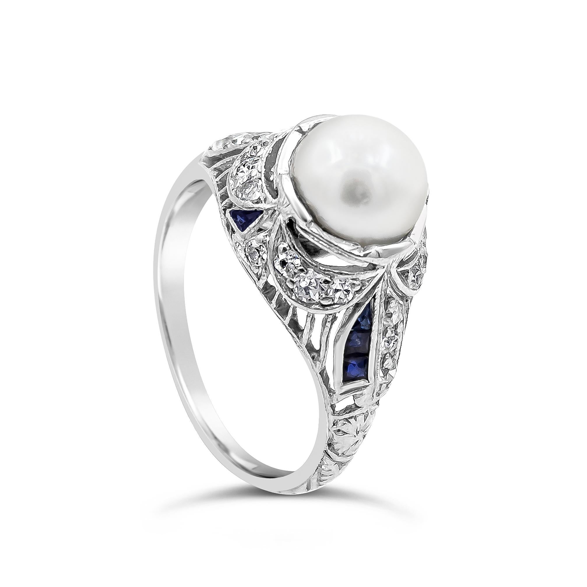 An original antique ring showcasing a 7.15 millimeter pearl, set in an Art Deco style setting encrusted with diamonds and sapphires. Diamonds weigh 0.35 carats total; sapphires weigh 0.17 carats total. Setting made in platinum. Size 5 US.

Style