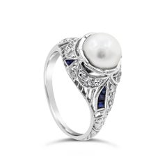 Antique 7.15 mm Pearl & Round Cut Diamond & Blue Sapphire Art Deco Platinum Ring