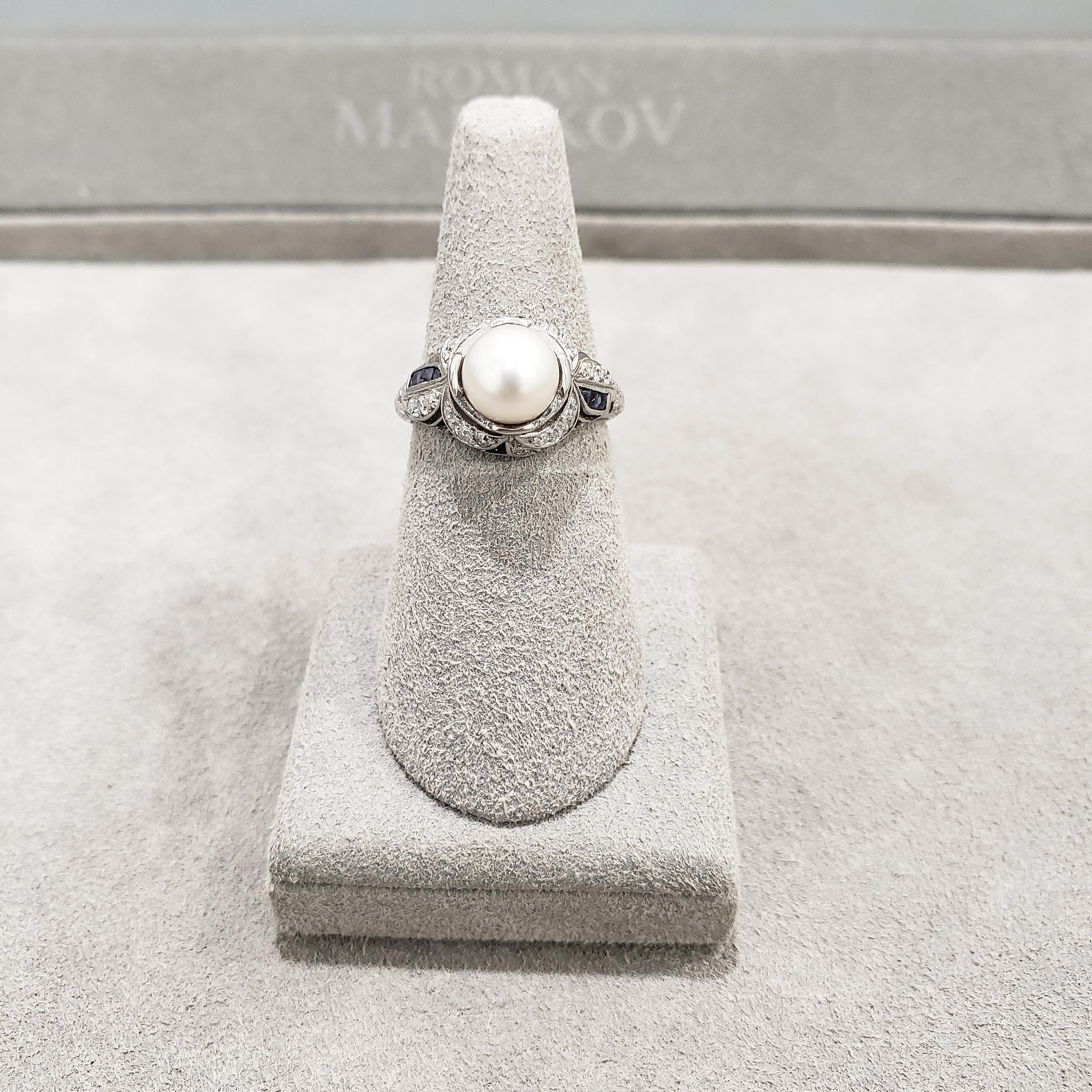 Roman Malakov Pearl and Round Diamond with Blue Sapphire Art Deco Antique Ring  In Good Condition For Sale In New York, NY