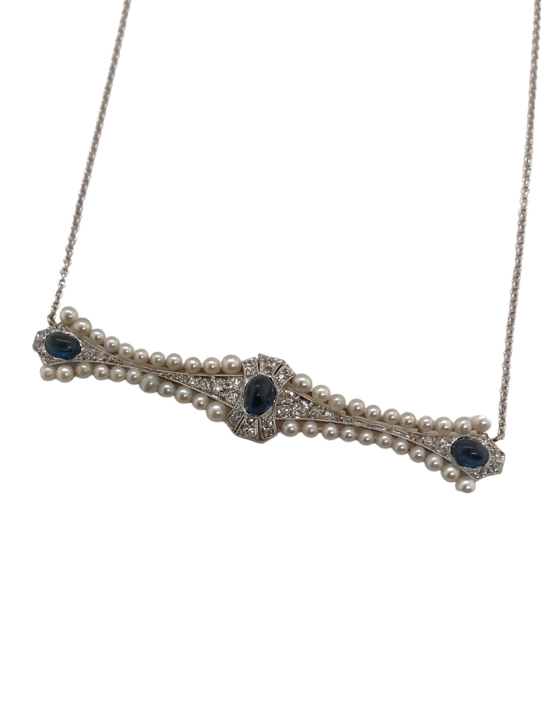 Cabochon Collana di conversione antica con perle, diamanti e zaffiri in vendita