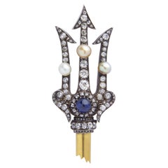 Antique Pearl, Diamond & Sapphire Trident Brooch Pin