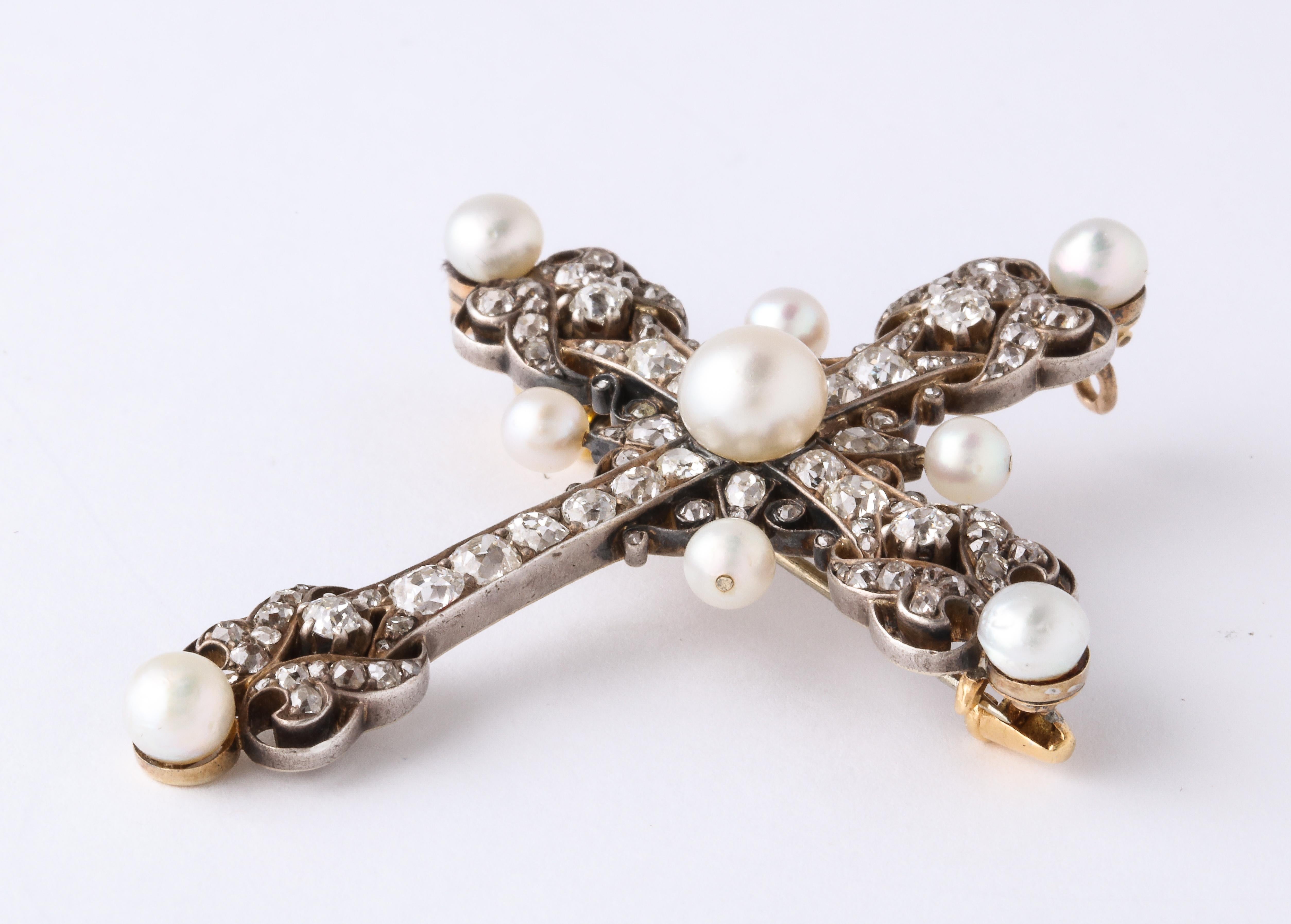Late Victorian Antique Pearl Diamond White Gold Cross Pendant Pin