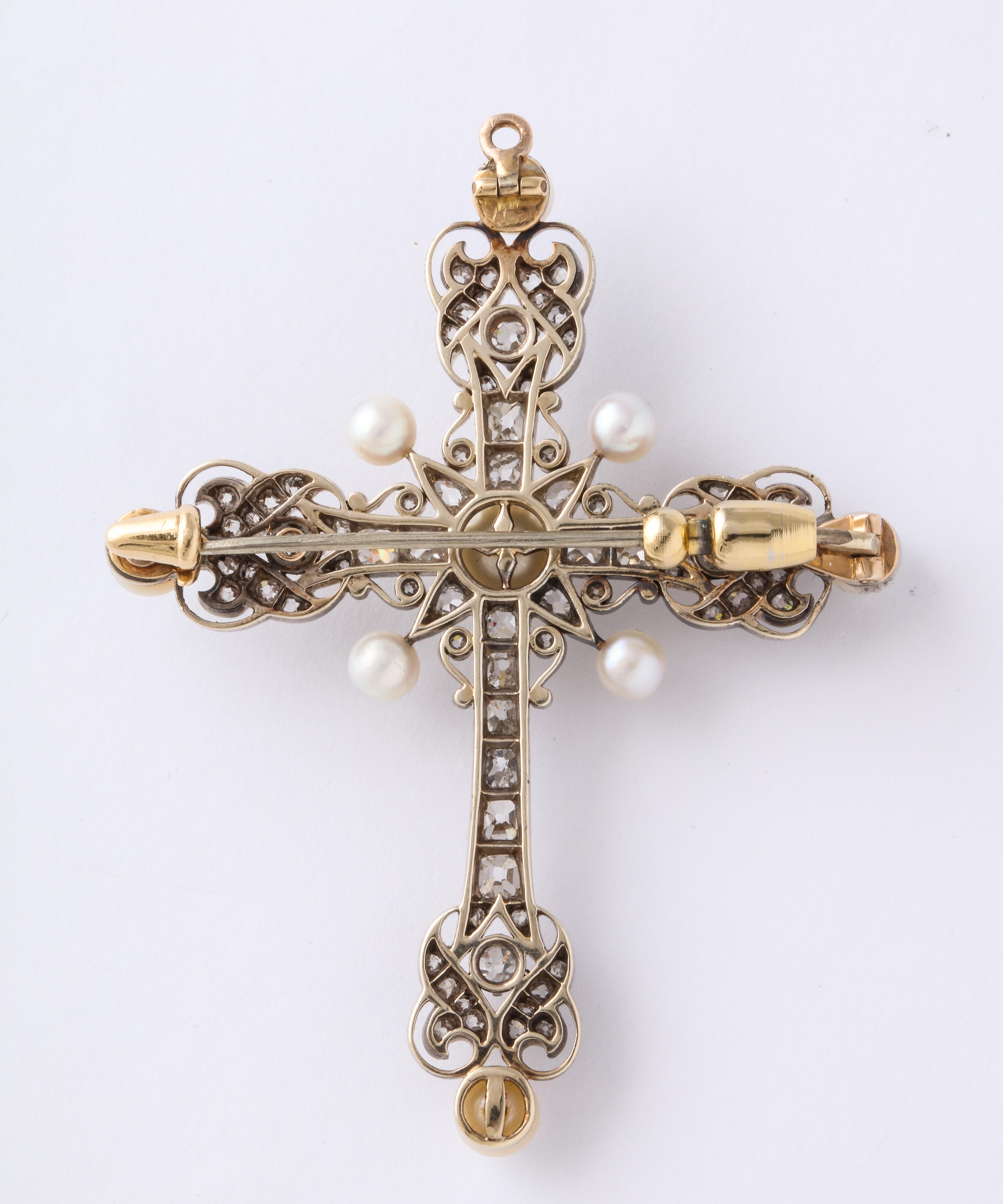 Antique Pearl Diamond White Gold Cross Pendant Pin In Good Condition In New York, NY
