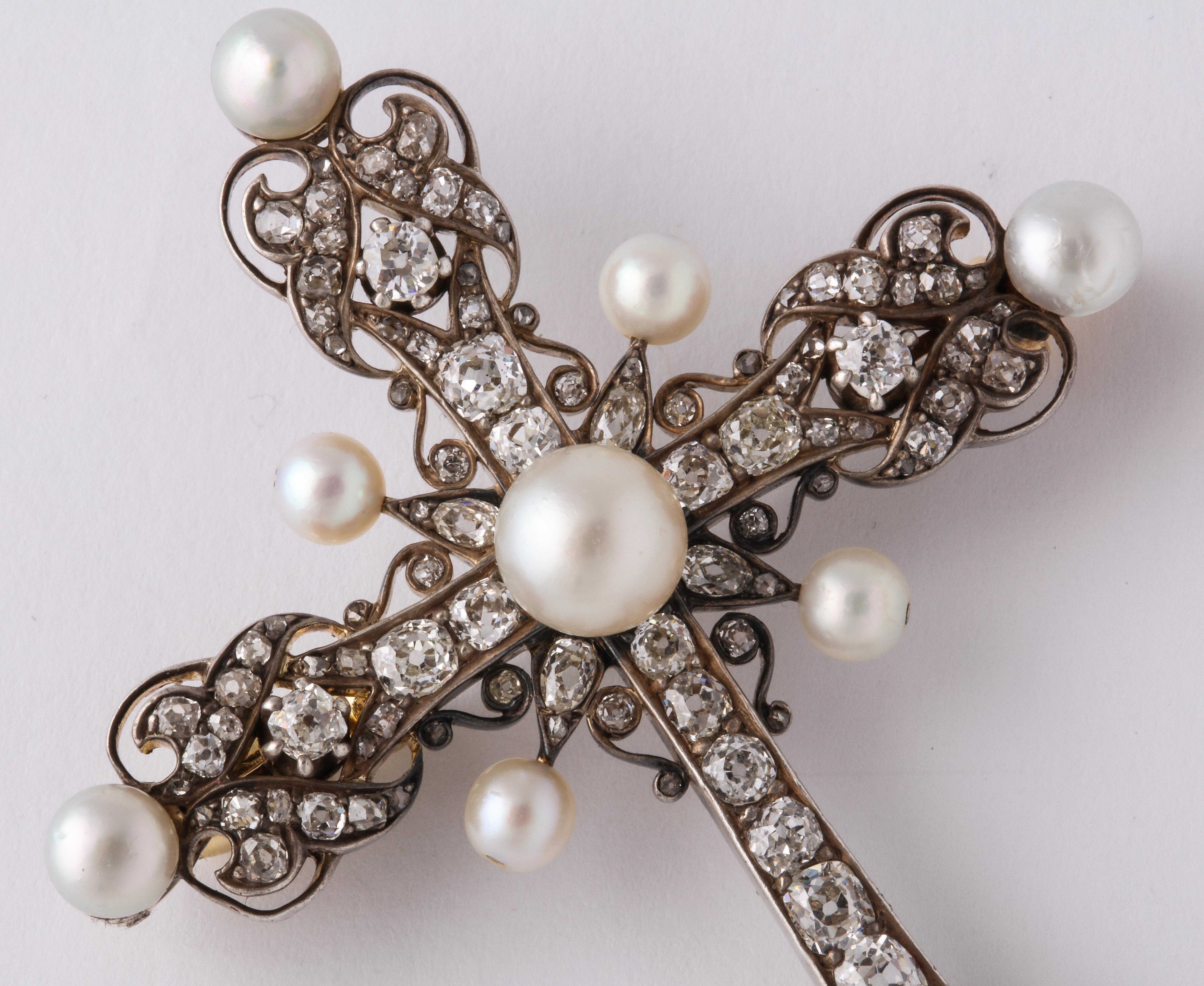 Women's or Men's Antique Pearl Diamond White Gold Cross Pendant Pin