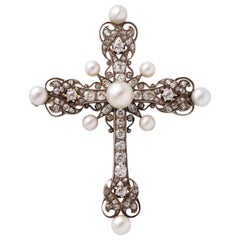 Antique Pearl Diamond White Gold Cross Pendant Pin