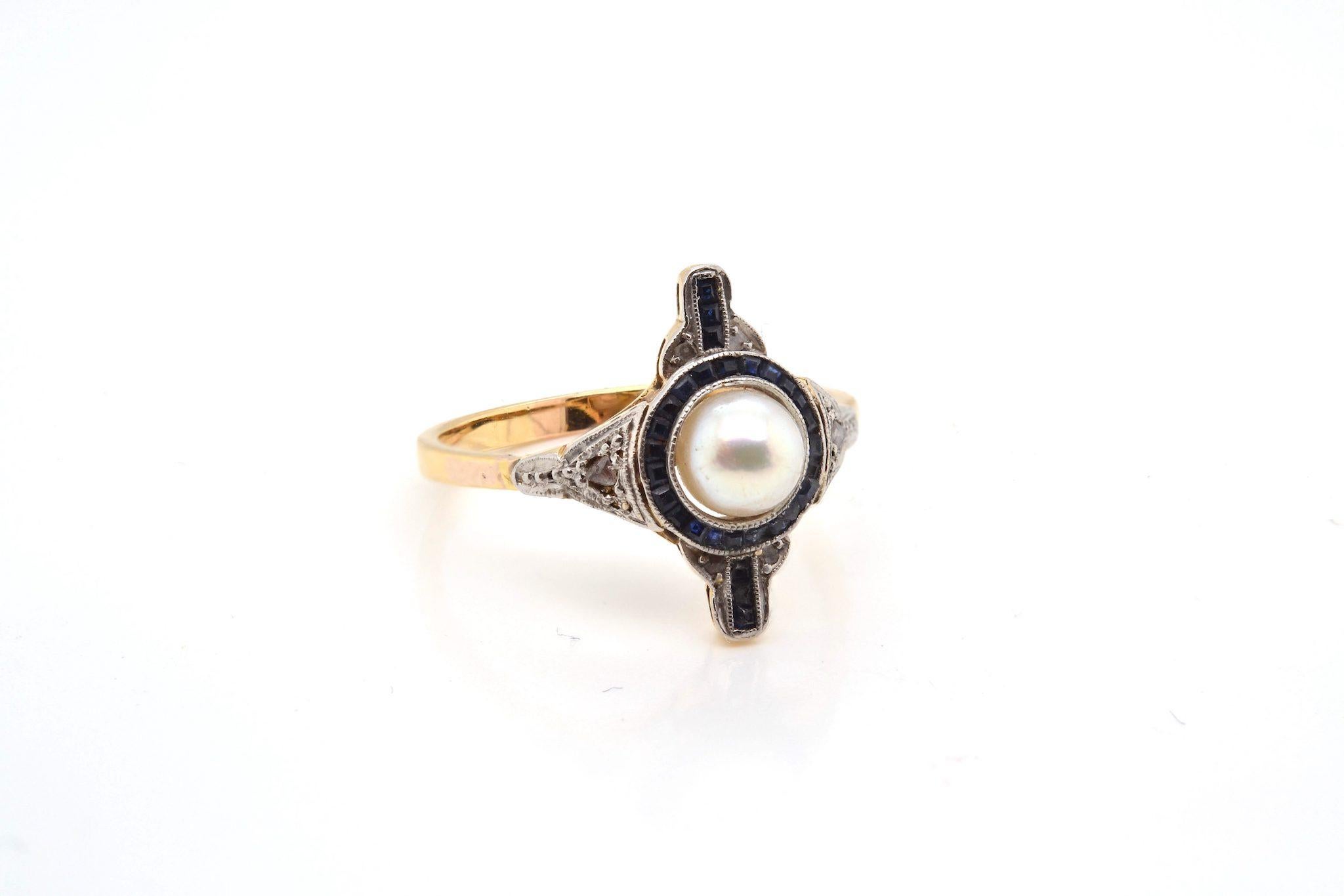 Antiker Ring mit Perlen, Diamanten und Saphiren im Zustand „Gut“ im Angebot in PARIS, FR