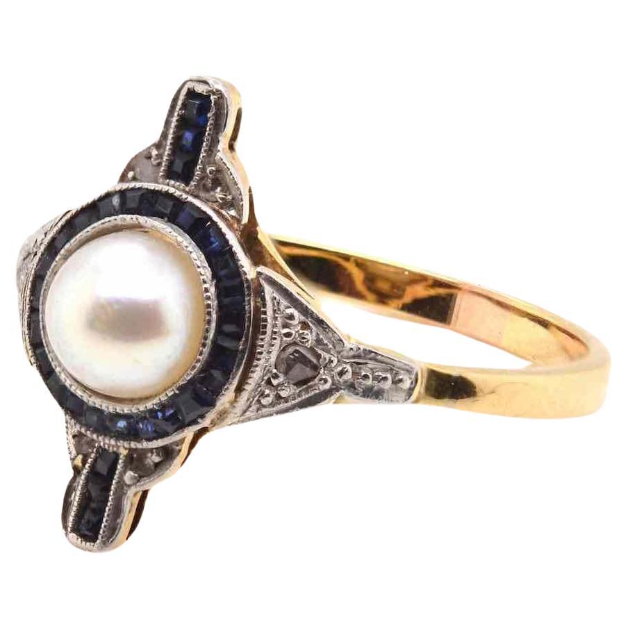 Antique pearl, diamonds and sapphires ring For Sale