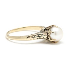 Antiker Solitärring mit Perlengravur, 14k Gelbgold, Ring Größe 6,25