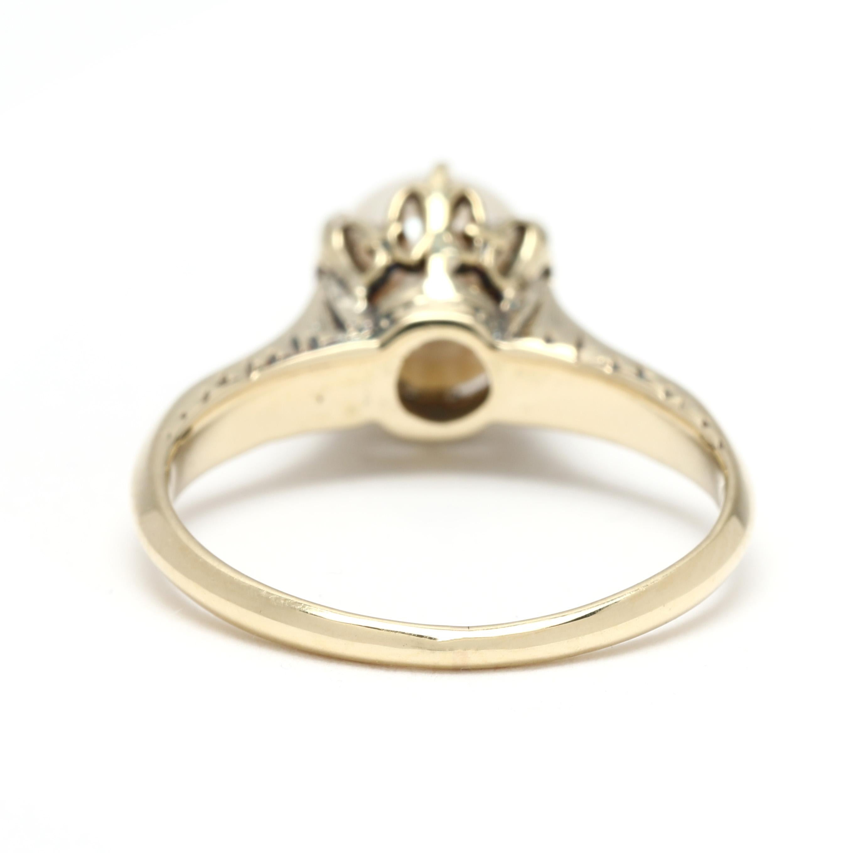 Perle Bague solitaire gravée en perles anciennes, or jaune 14 carats, taille de bague 6,25 en vente