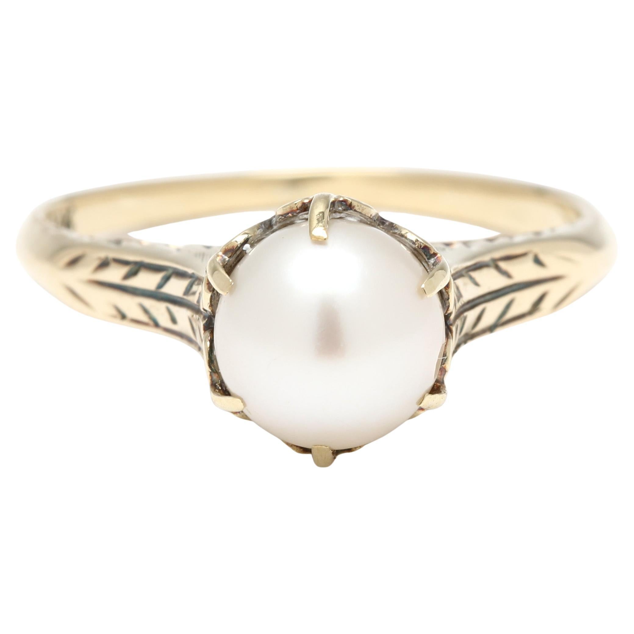 Anillo solitario con perla antigua grabada, oro amarillo de 14k, tamaño del anillo 6,25