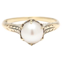Anillo solitario con perla antigua grabada, oro amarillo de 14k, tamaño del anillo 6,25