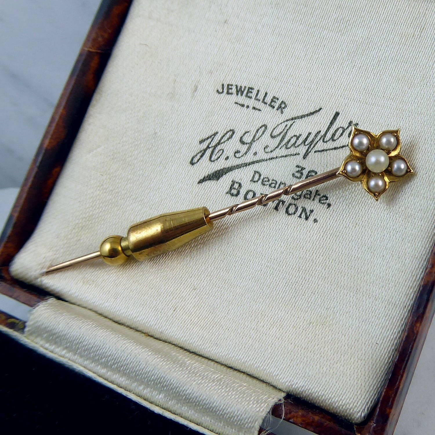 Women's or Men's Antique Pearl Flower Stick Pin, Yellow Gold