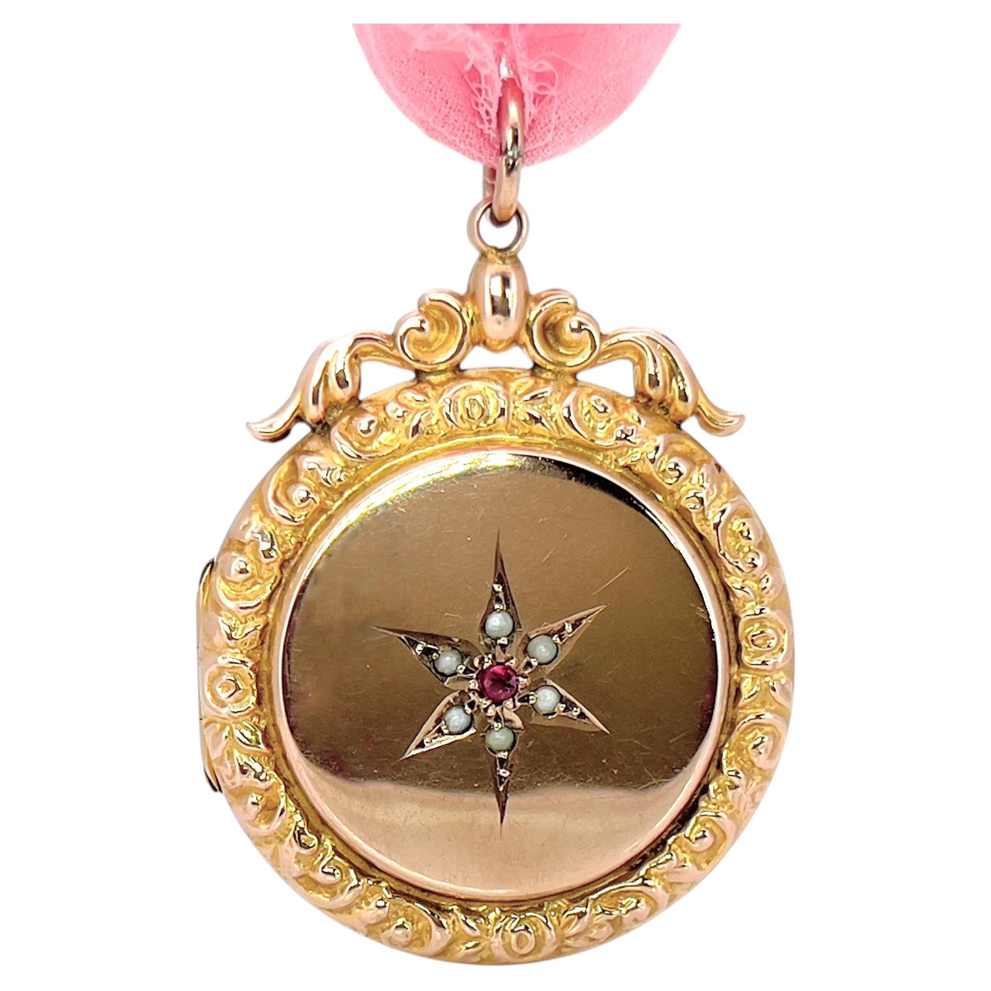 Antique Pearl & Garnet Celestial Star Locket, 9KT Back and Front For Sale