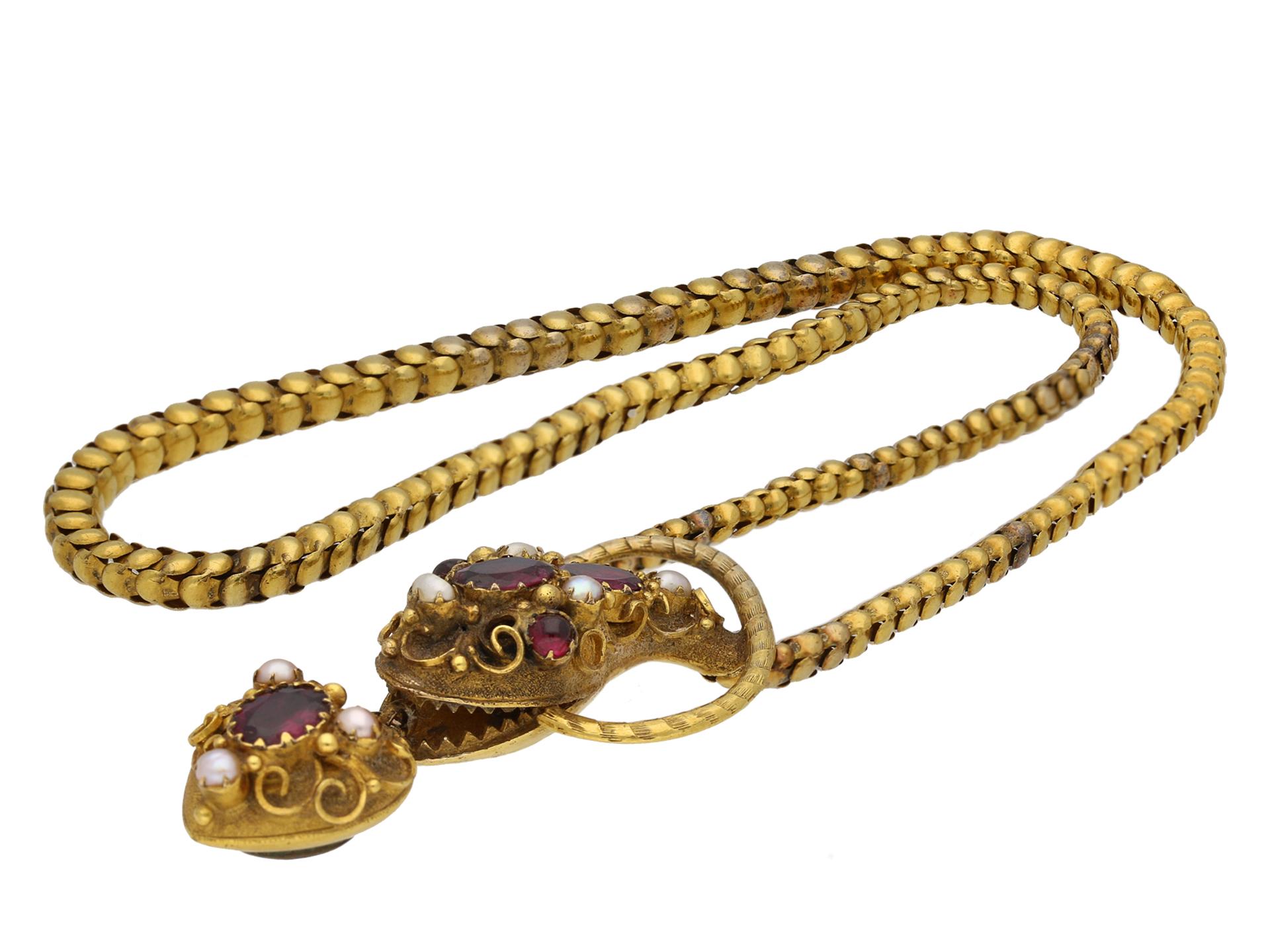 Antike Perle Granat Gold Schlange Halskette (Viktorianisch) im Angebot